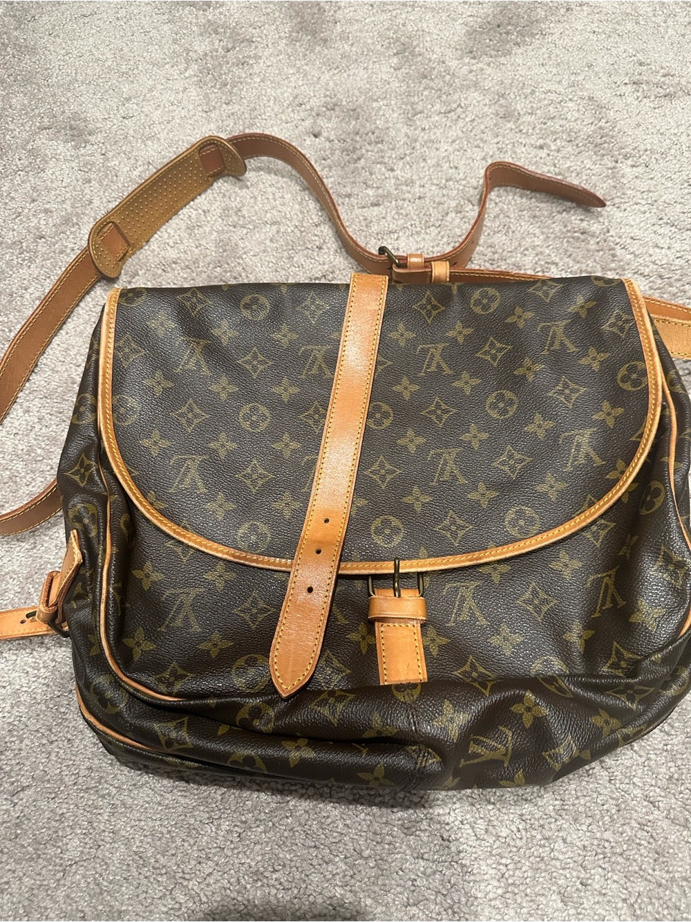 Louis Vuitton Brown Monogram Messenger Bag with Tan Leather Trim